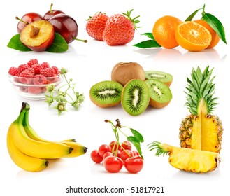 set fresh fruits with green leaves isolated on white background - Powered by Shutterstock