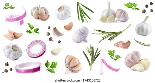 Set of fresh garlic and different seasonings on white background, banner design  - Shutterstock ID 1743156722