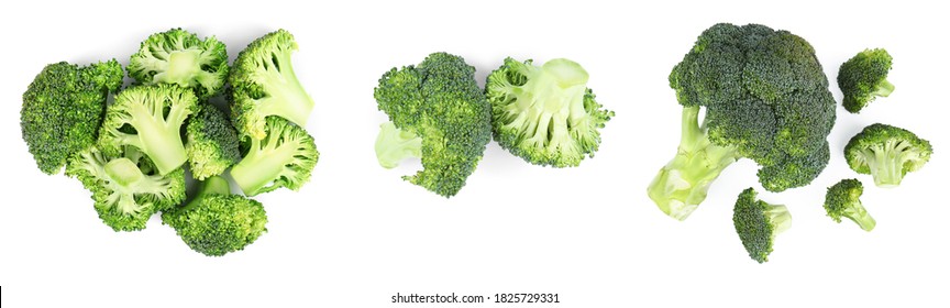 Set Of Fresh Green Broccoli On White Background, Top View. Banner Design