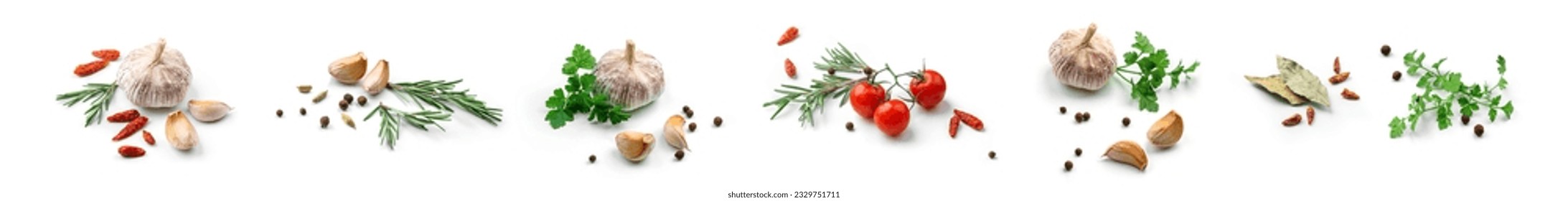 Set of fresh green herbs and spices isolated on white background, tomatoes, basil leaf, bay leaf, black pepper, rosemary, cardamom, cilantro, garlic, top view