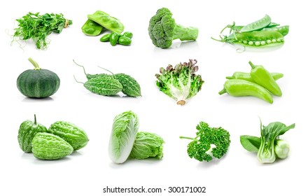 Set Of Fresh Green Vegetables Isolated On White Background