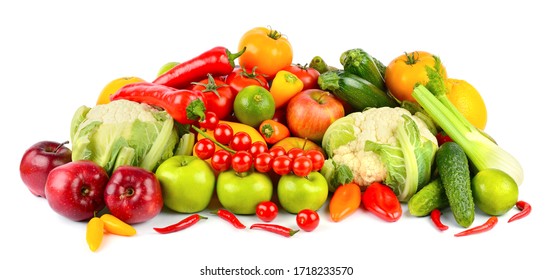 Set of fresh and healthy vegetables and fruits isolated on white background.