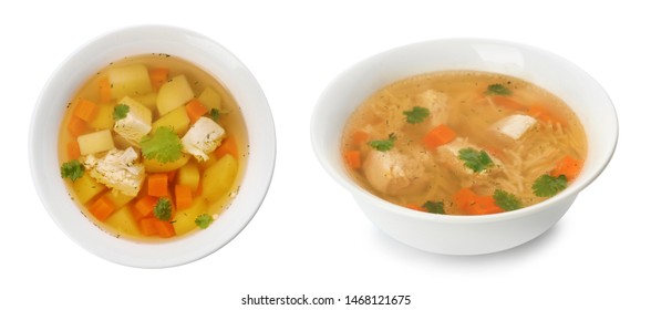 Set of fresh homemade chicken soup on white background
