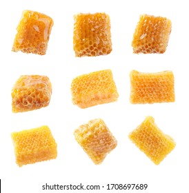 Set Of Fresh Honeycomb Pieces On White Background 