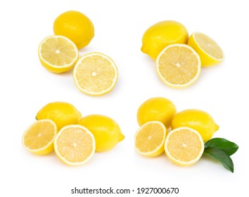 Set of fresh lemon fruit slice isolated on white background, food and healthy concept