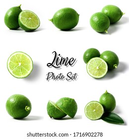 Set Of Fresh Lime Whole And Halves Isolated On White Background.