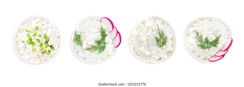 Set Of  Fresh Natural Cottage Cheese In A White Ceramic Bowl Isolated On White. Green Dill. An Overhead Photo Of Organic Eco Healthy Meal, Dairy Product. Top View