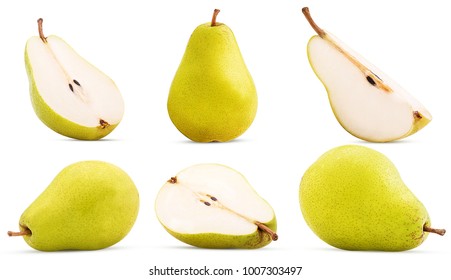 Set fresh pears whole, cut in half, quarter isolated on white background Clipping Path