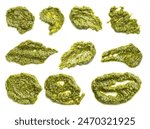 Set of fresh pesto sauce isolated on white, top view