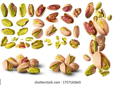 A set with Fresh raw Pistachios isolated on white background. - Shutterstock ID 1757163665