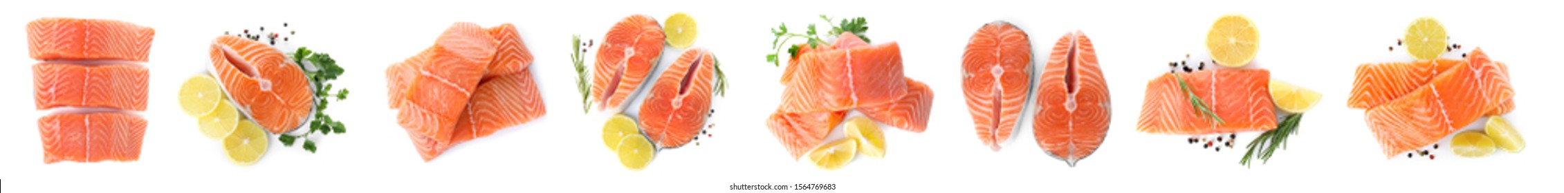 Set Of Fresh Raw Salmon On White Background, Top View. Fish Delicacy