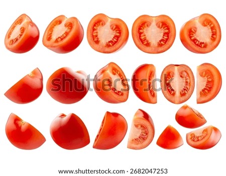 Set of fresh red cherry tomatoes of half and quarters bright small tomato with juicy pulp from different sides. Perfect for organic food advertising, design. Isolated on white background.
