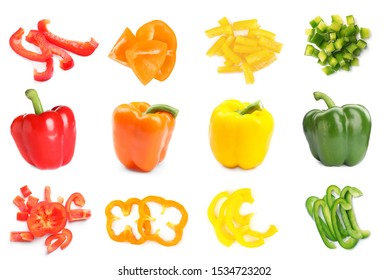 Set of fresh ripe bell peppers on white background