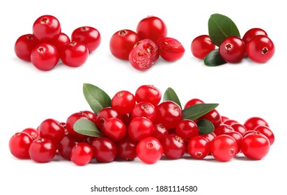 Set of fresh ripe cranberries on white background