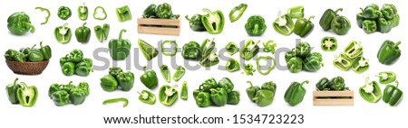 Set of fresh ripe green bell peppers on white background