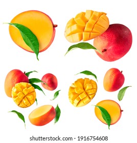 A set with Fresh ripe mango with leaves falling in the air isolated on white background. Food levitation concept. High resolution image - Shutterstock ID 1916754608