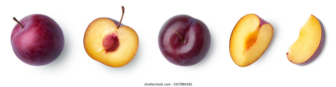 Set of fresh ripe whole, half and sliced plum isolated on white background, top view