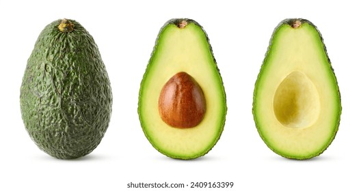 Set of fresh ripe whole and halved avocado isolated on white background