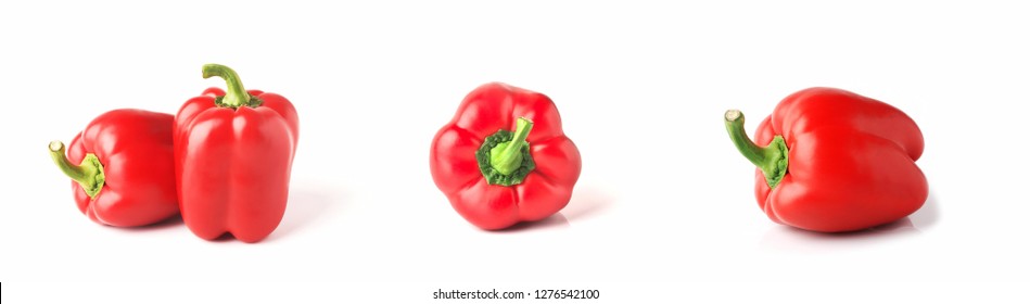 Set of fresh whole bell pepper isolated one and two on white background. Top view Tropical abstract background. Collection of red ripe bell pepper vegetaibles on the white background.