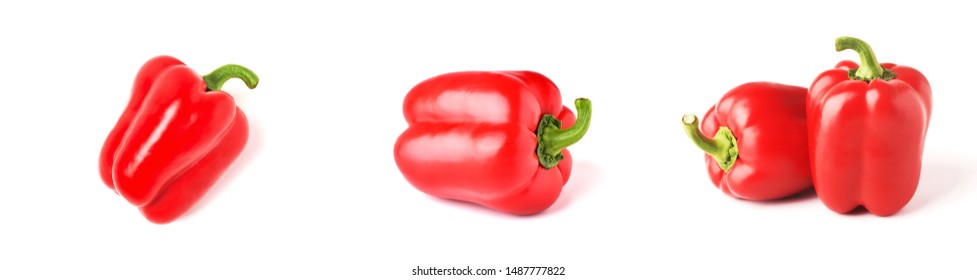 Set of fresh whole bell pepper isolated one and two on white background. Top view Tropical abstract background. Collection of red ripe bell pepper vegetables on the white background