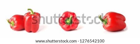 Set of fresh whole bell pepper isolated one and two on white background. Top view Tropical abstract background. Collection of red ripe bell pepper vegetaibles on the white background.