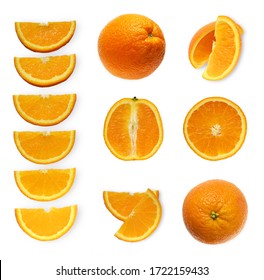 Set of fresh whole and cut orange and slices isolated on white background. From top view - Shutterstock ID 1722159433