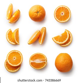 Set of fresh whole and cut orange and slices isolated on white background. From top view - Shutterstock ID 743386669
