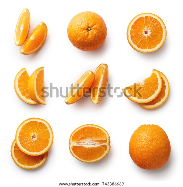 Set Of Whole And Cut Oranges On A White Background Illustration, Hand