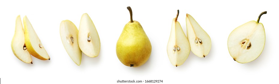 Set of fresh whole and cut pear and slices isolated on white background. From top view - Shutterstock ID 1668129274