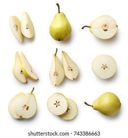 Set of fresh whole and cut pear and slices isolated on white background. From top view - Shutterstock ID 743386663