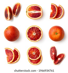 Set of fresh whole, half and sliced red blood orange fruit isolated on white background, top view