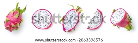 Set of fresh whole, half and sliced dragon fruit or pitahaya (pitaya) isolated on white background, top view