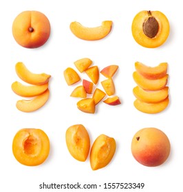 Set of fresh whole and sliced apricot isolated on white background, top view - Shutterstock ID 1557523349