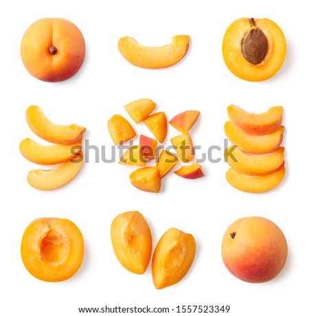 Set of fresh whole and sliced apricot isolated on white background, top view