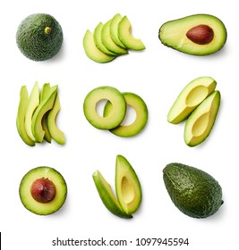 Set of fresh whole and sliced avocado isolated on white background. Top view