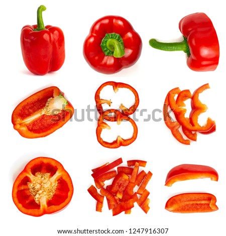 Set of fresh whole and sliced bell pepper isolated on white background. Top view.