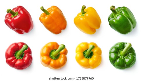 Set of fresh whole and sliced different colored sweet  peppers (red, yellow, orange, green) isolated on white background. Top view - Powered by Shutterstock