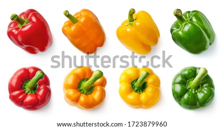 Set of fresh whole and sliced different colored sweet  peppers (red, yellow, orange, green) isolated on white background. Top view