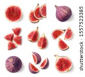 Set of fresh whole and sliced figs isolated on white background, top view