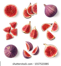 Set of fresh whole and sliced figs isolated on white background, top view