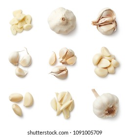 Set of fresh whole and sliced garlics isolated on white background. Top view - Shutterstock ID 1091005709