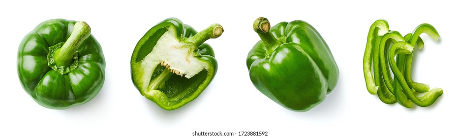 Set Of Fresh Whole And Sliced Green Sweet Pepper Isolated On White Background. Top View