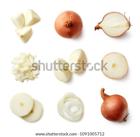 Set of fresh whole and sliced onions isolated on white background. Top view