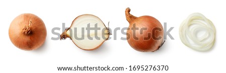 Set of fresh whole and sliced onions isolated on white background. Top view
