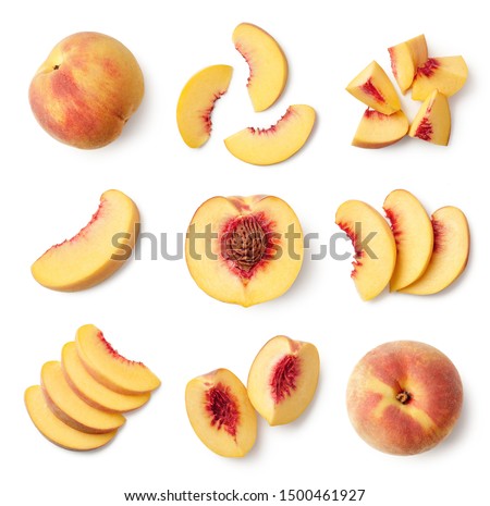 Set of fresh whole and sliced peach fruit isolated on white background, top view