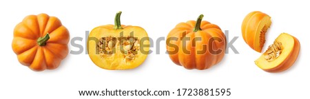 Set of fresh whole and sliced pumpkin isolated on white background. Top view