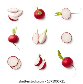 Set of fresh whole and sliced radishes isolated on white background. Top view