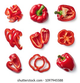 Set of fresh whole and sliced sweet red pepper isolated on white background. Top view - Shutterstock ID 1097945588