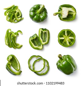 Set of fresh whole and sliced sweet green pepper isolated on white background. Top view