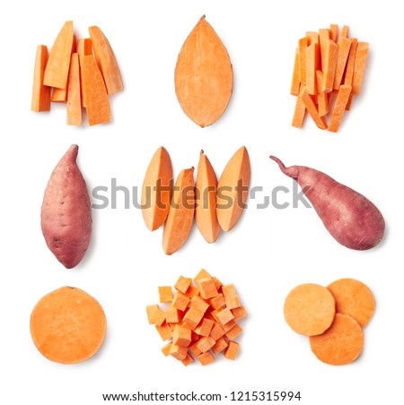 Set of fresh whole and sliced sweet potatoes isolated on white background. Top view